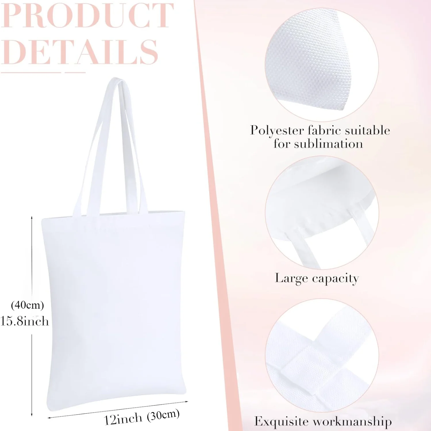 Tote Bags 6pcs Sublimation Blank Polyester Tote Bags White Beige-40x30cm for Valentine's Day DIY Tie-Dye Souvenirs and Events