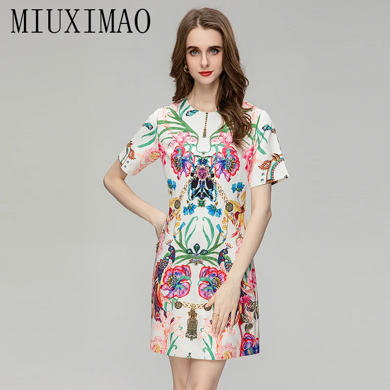 

MIUXIMAO High Quality 2023 Summer Dress Newest Arrival Fashion Short Sleeve Flower Diamonds Above Knee Tank Dress Women Vestidos