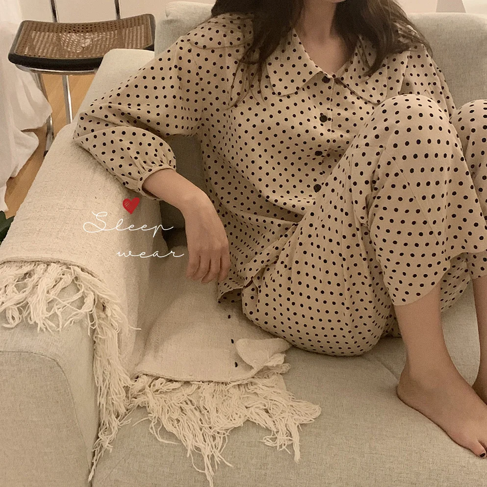 Dot Print Autumn Pajamas Set Women Korean Single Breasted Shirts + Trousers Suit Cotton Vintage Harajuku Two Piece Home Suit