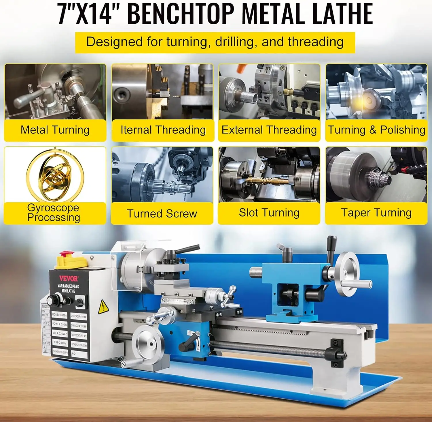 Mini Metal Lathe 7"x14" Benchtop Metal Lathe 550W Variable Speed 2250RPM with 3-jaw Chuck CNC Mini Machine