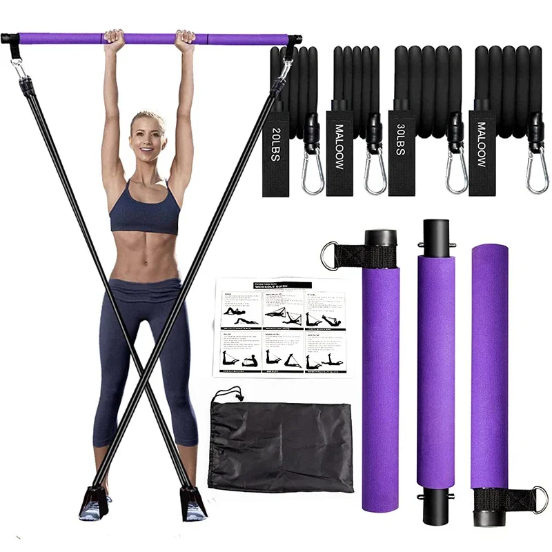 

Pilates Bar Kit with Resistance Band Pilates Exercise Stick Pull Rope Portable Fitness Equipment Home Gym Workout Bodybuilding