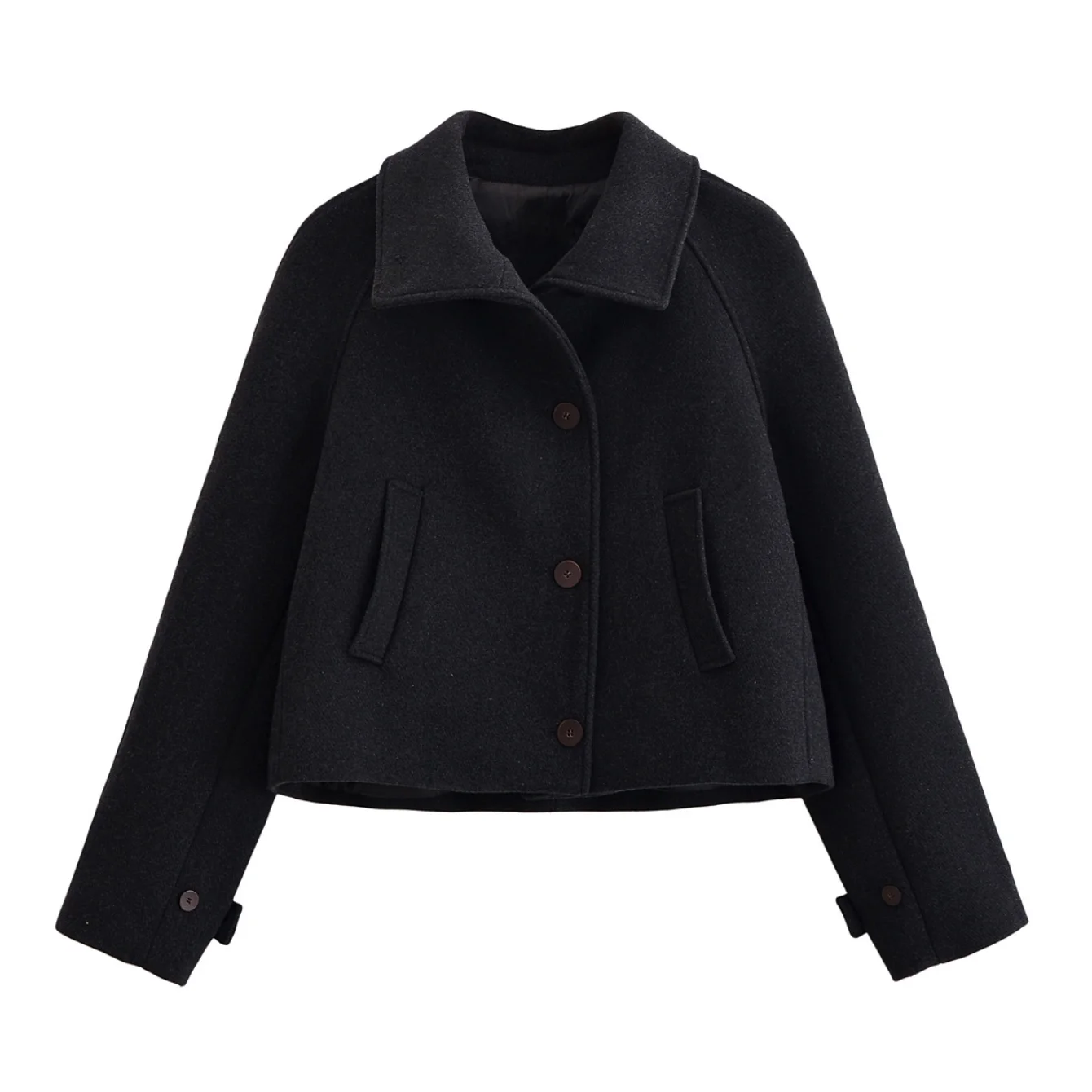 Women Autumn Winter Black Short Wool Jacket Long Sleeve Female Turn-Down Collar Button Coats Lady Casual Outerwears Streetwear