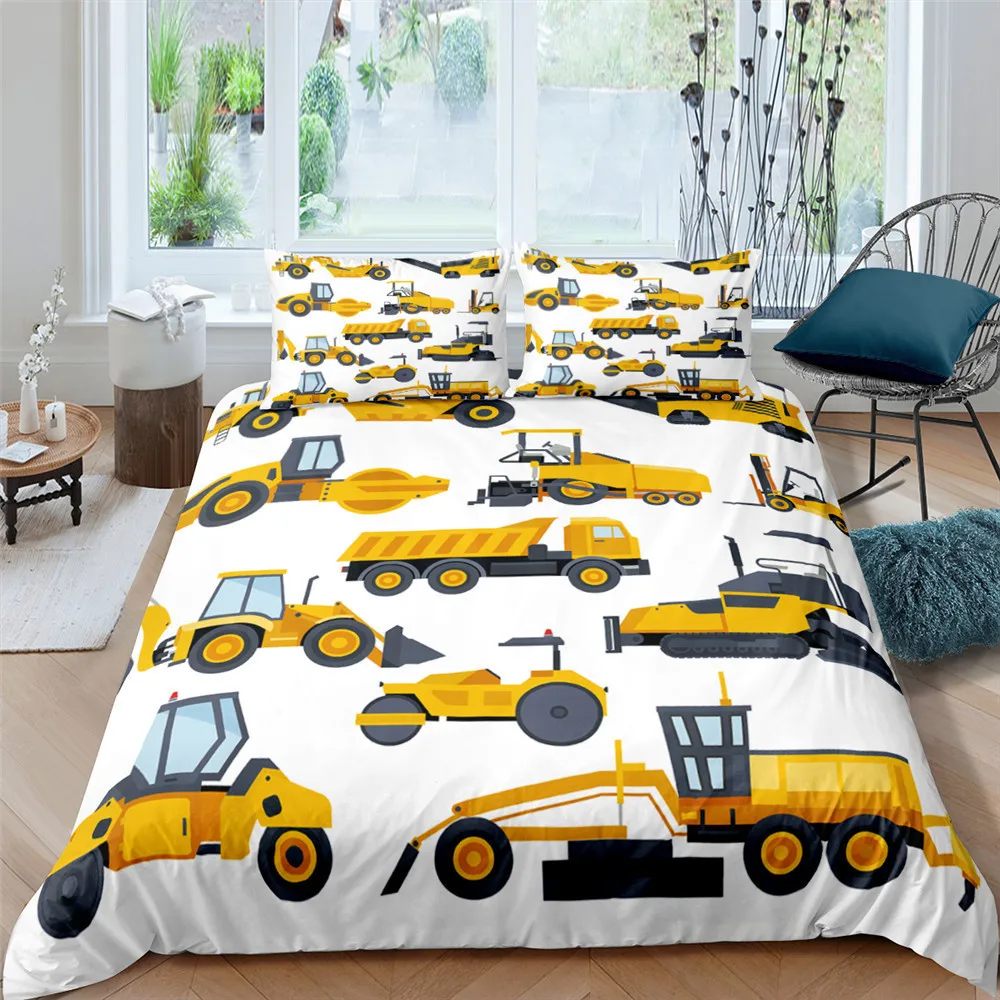 Boys Cartoon Car Bedding Set Full Construction Vehicles Comforter Cover for Kids Children Cartoon Machinery Truck Duvet Cover 