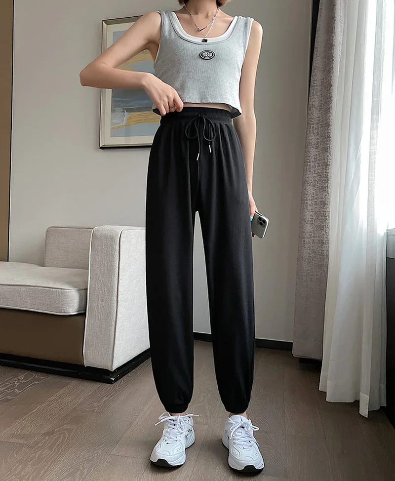 Summer Pink Ice Silk Sweatpants Women Solid Colors Loose Thin Harem Pants Blue Drawstring High Waist Trousers White Jogger Pants