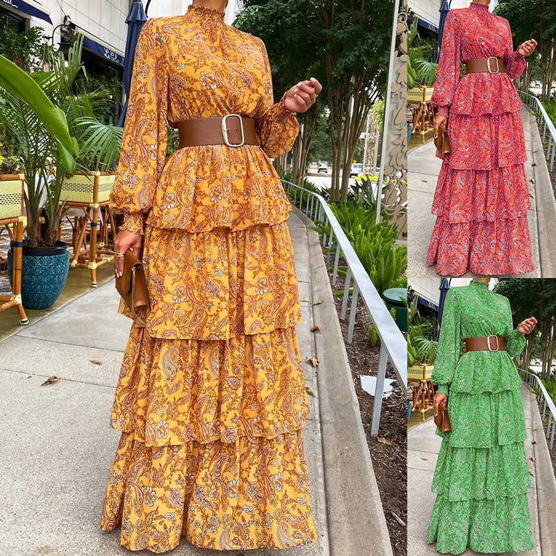 

2023 Vintage Women Floral Printed Long Dress Lantern Sleeve Cascading Ruffles Cover-Ups Sundress Female Cake Loose Beach Dress