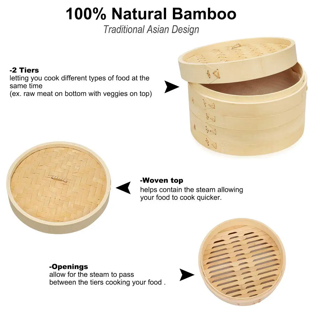 Handmade Bamboo 3 Tier Steamer Basket With Lid