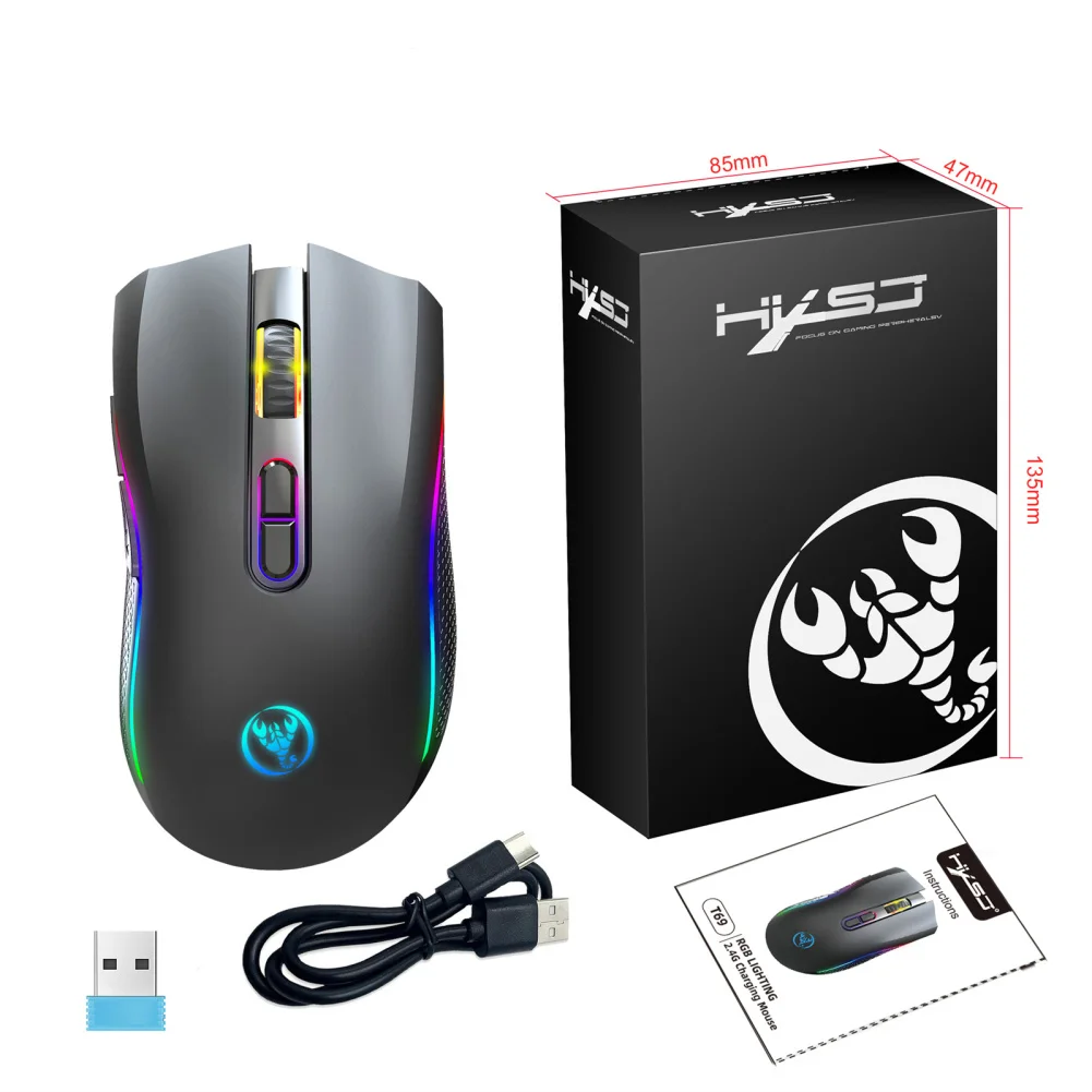 T69 인체 공학적 RGB 발광 무선 무음 마우스, 2.4GHz USB 무선 마우스, 조절식 DPI 충전식 무선 마우스