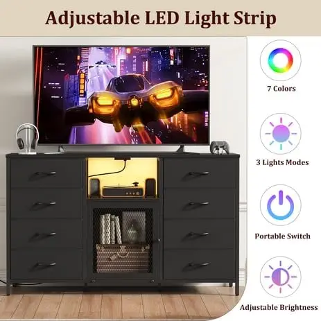 TV Stand for 65" TVs with LED Lights & Charging Station, 8 Fabric Drawers, Wood Top, Bedroom/Living Room Closet – Black