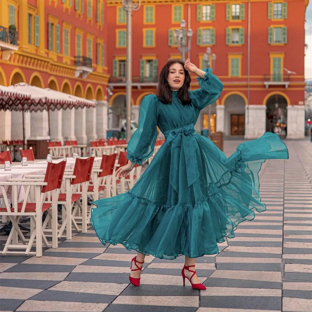 

Elegant Long Sleeve Organza Evening Dresses A-Line High Neck Short Pleated Tea Length Evening Dresses for Women