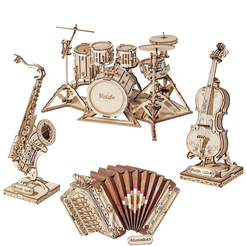 Robotime Rolife 3D Wooden Puzzle Games Saxophone Drum kit Accordion Cello Model Toys for Children Kids Birthday Gifts