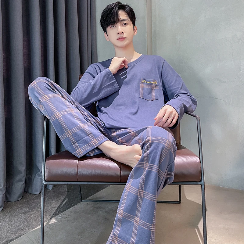 Autumn Men's Pure Full Cotton Pajamas Plaid Sleepwear Big Yards L-4XL Pajama Sets Casual Sleep&Lounge Pyjamas Pijamas Hombre