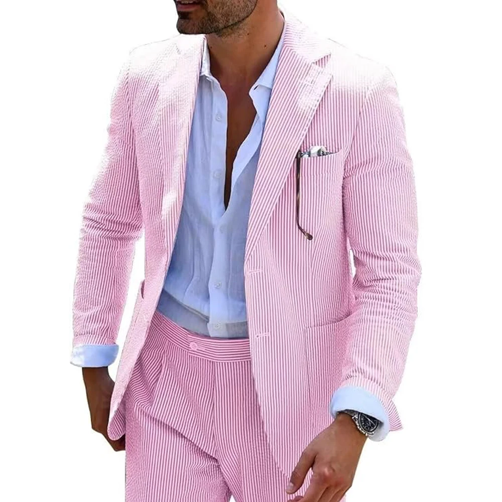 Summer Men Suits 2 Pieces Seersucker Notched Lapel Wedding Party Suit Jacket Pants Casual 2 Button Slim Fit
