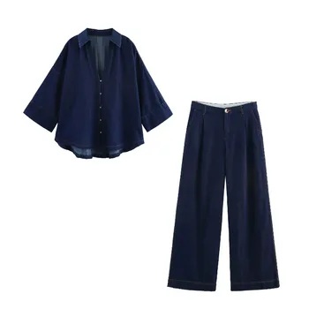 Polo allentata casual con scollo a V camicia a maniche larghe + pantaloni Set da 2 pezzi Set di jeans Set da donna primavera/estate Nuovo abito skinny a vita alta