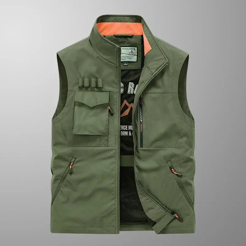 Gilet de pêche en maille pour homme - Plusieurs poches - Pour activités en plein air - Kaki - Taille L