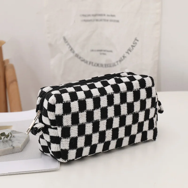 Woolen Yarn Makeup Bag Cosmetic Bag Large Capacity Checkered