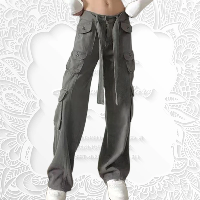 

New Spring Autumn Fashion Casual Baggy Wide Leg SweatPants Multi Pocket Loose Drawstring Mid WaistPants Womens Trousers