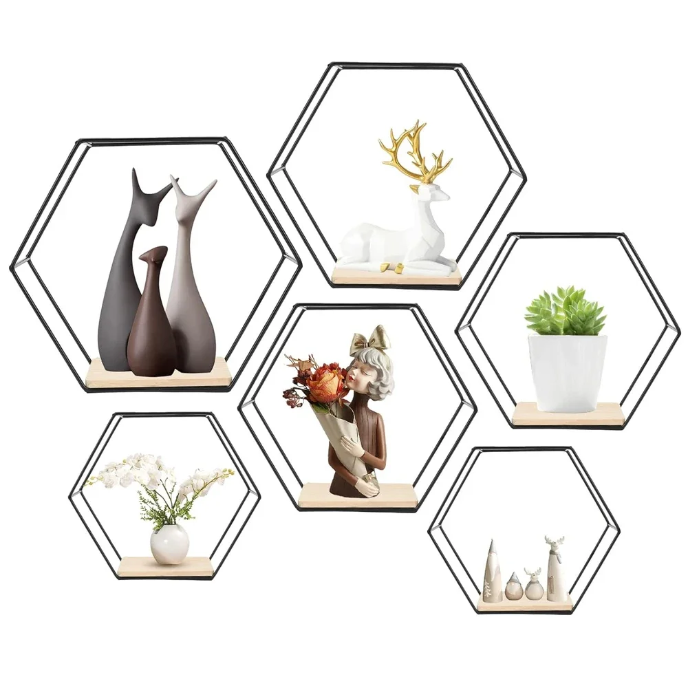 Metal Floating Wall Shelf Sundries Storage Holder Living Room Home Decoration Wall Mounted Hexagon Shelf Handicraft Display Rack 5