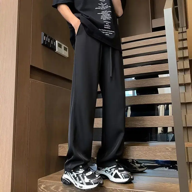 American Vintage Street Summer Wide Leg Pants Men's Solid Elastic Waist Drawstring Pocket Fashion Casual Loose Straight Trousers