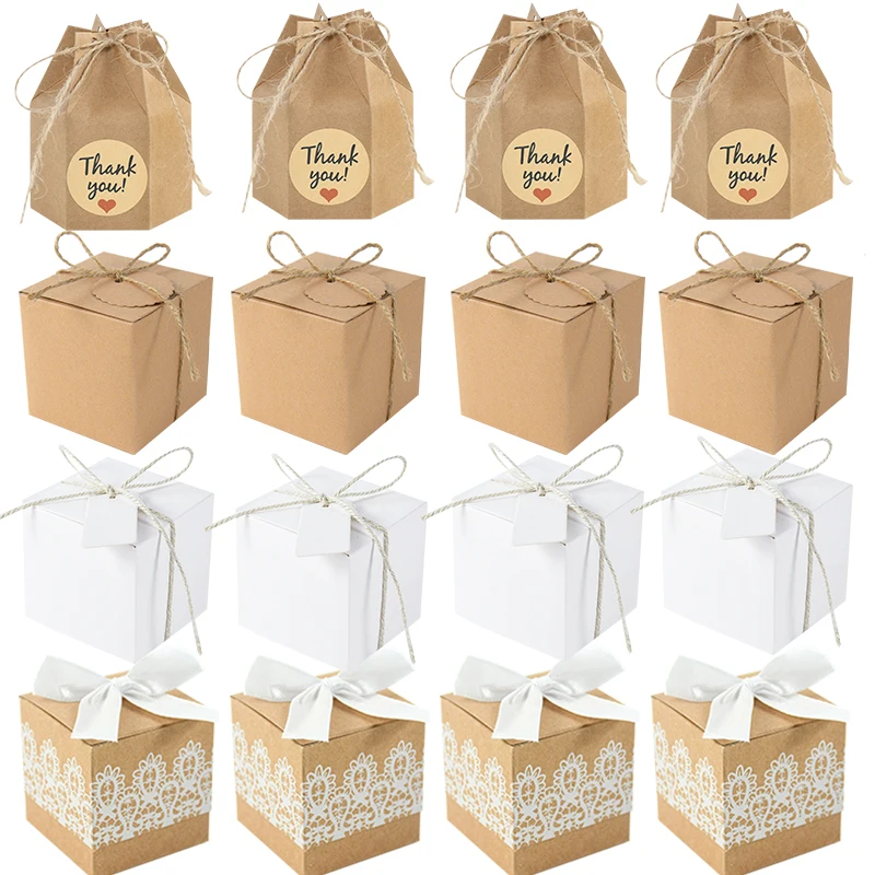 10Pcs Square Kraft Paper Candy Box With Rope Wedding Favor Lace Chocolate Box For Birthday Baby Shower Party Gift Pakcing Decor