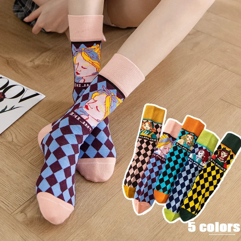 Funky Harajuku Retro Women Checkerboard Socks Geometric Lolita INS Style Illustration Socks Cotton Streetwear Novelty Socks