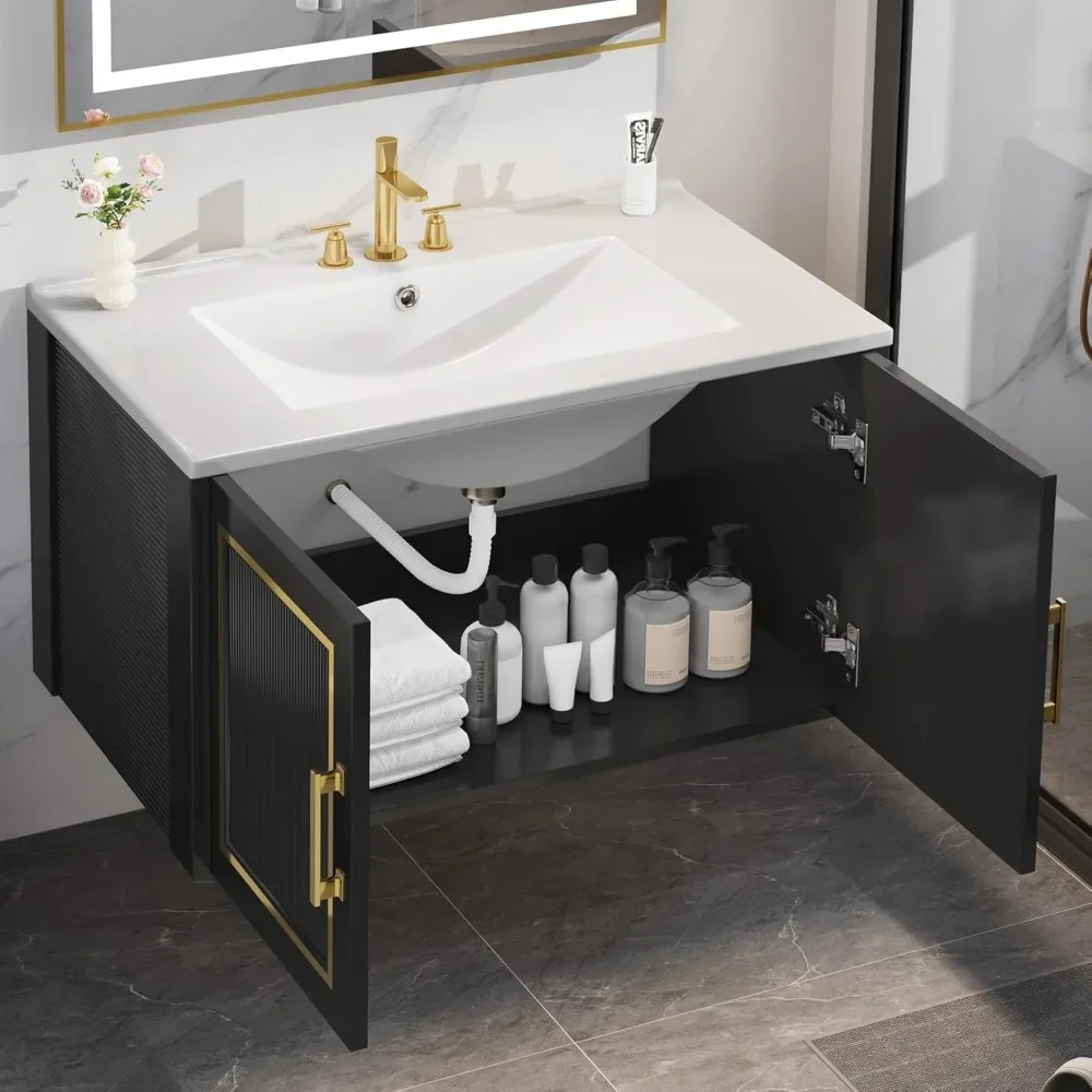 30" Bathroom Vanity with Ceramic Sink, Floating Vanity with Cabinet, Wall Mount Modern Bathroom Vanity Includes Countertop 2