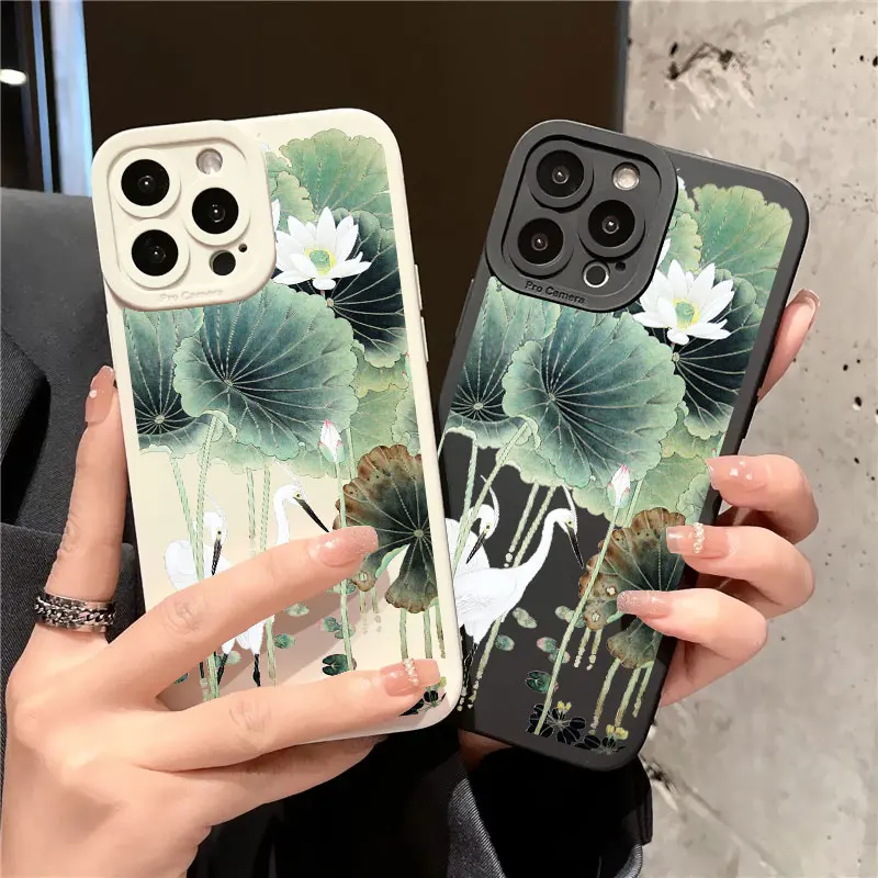 

Lotus Pink White Flowers Green Leaf White Crane Phone Case For iPhone 11 13 12 14 Pro Max 7 8 Plus SE2 X XR XS Soft Back Cover