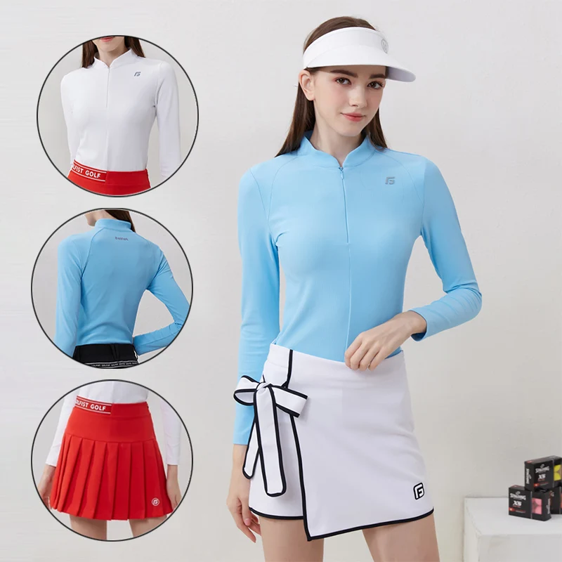 

Golfist Ladies Pleated High Waist Golf Skirt Bowknot Pencil Sport Skort Women Slim Long Sleeve Tops Elastic Zipper Collar Shirt