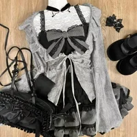 Sweet Lolita Lace Up Ruffles Cardigan+ Sexy Slim Fit Strapless Vest Tops+ High Waist Ruched Skirts Early Autumn Three Piece Sets 2