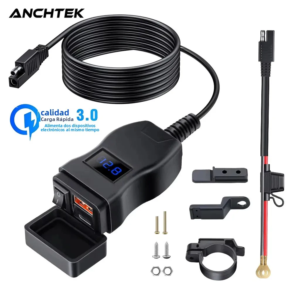Anchtek-cargador montado en vehículo para motocicleta, adaptador impermeable, 12V, puertos USB PD para teléfono, carga rápida 3,0 con interruptor, accesorio para motocicleta