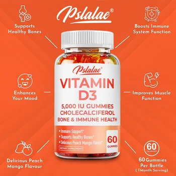 Vitamin D3 5000IU Gummies - Support Brain, Heart, Joint, Bone & Skin Health, Antioxidant, Immunity Boost Supplement