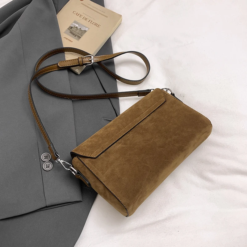 Vintage Wildleder Leder Schulter Umhängetasche Damen Designer Handtasche und Geldbörse Khaki Sac A Main Small Flap Messenger Bag Schwarz – Detail 19