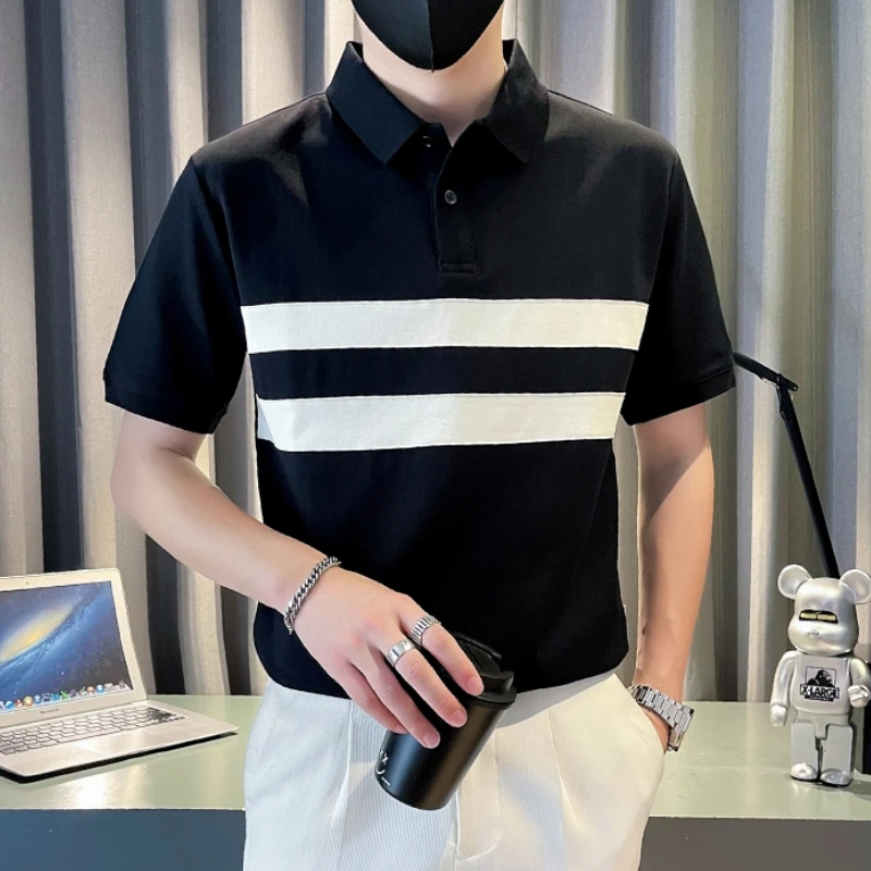 

Рубашка-поло мужская в контрастную полоску, Повседневная Деловая тенниска с коротким рукавом, модная майка с лацканами, одежда для мужчин, на лето