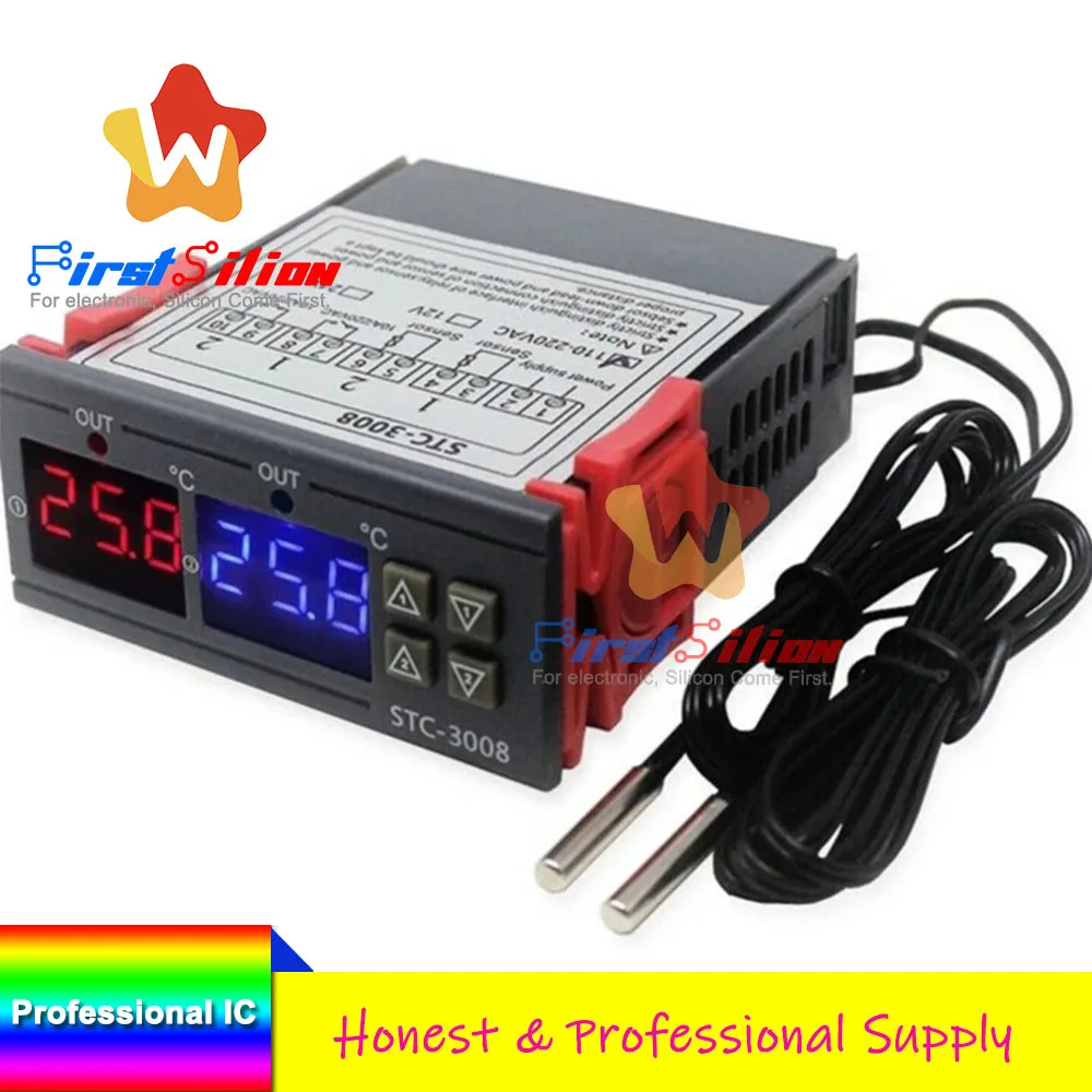 

Dual Digital STC-3008 Temperature Controller Two Relay Output Thermostat Heater with Probe 12V 24V 220V Home Fridge Cool Heat