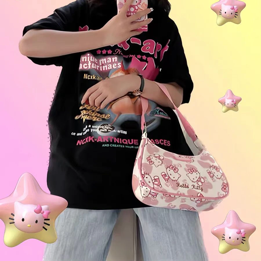 MBTI Hello Kitty Fashion Womens Shoulder Bag Y2k Cartoon Cute New Fashion Casual Handbag 2024 Harajuku Style Commuter Female Bag