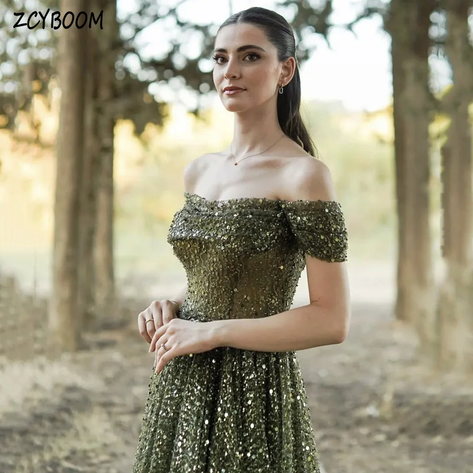 

Charming Dark Green Boat Neck Sequin Beaded Sleeveless Evening Dress 2024 A-Line Floor Length Sweep Train Custom Made Prom Dress