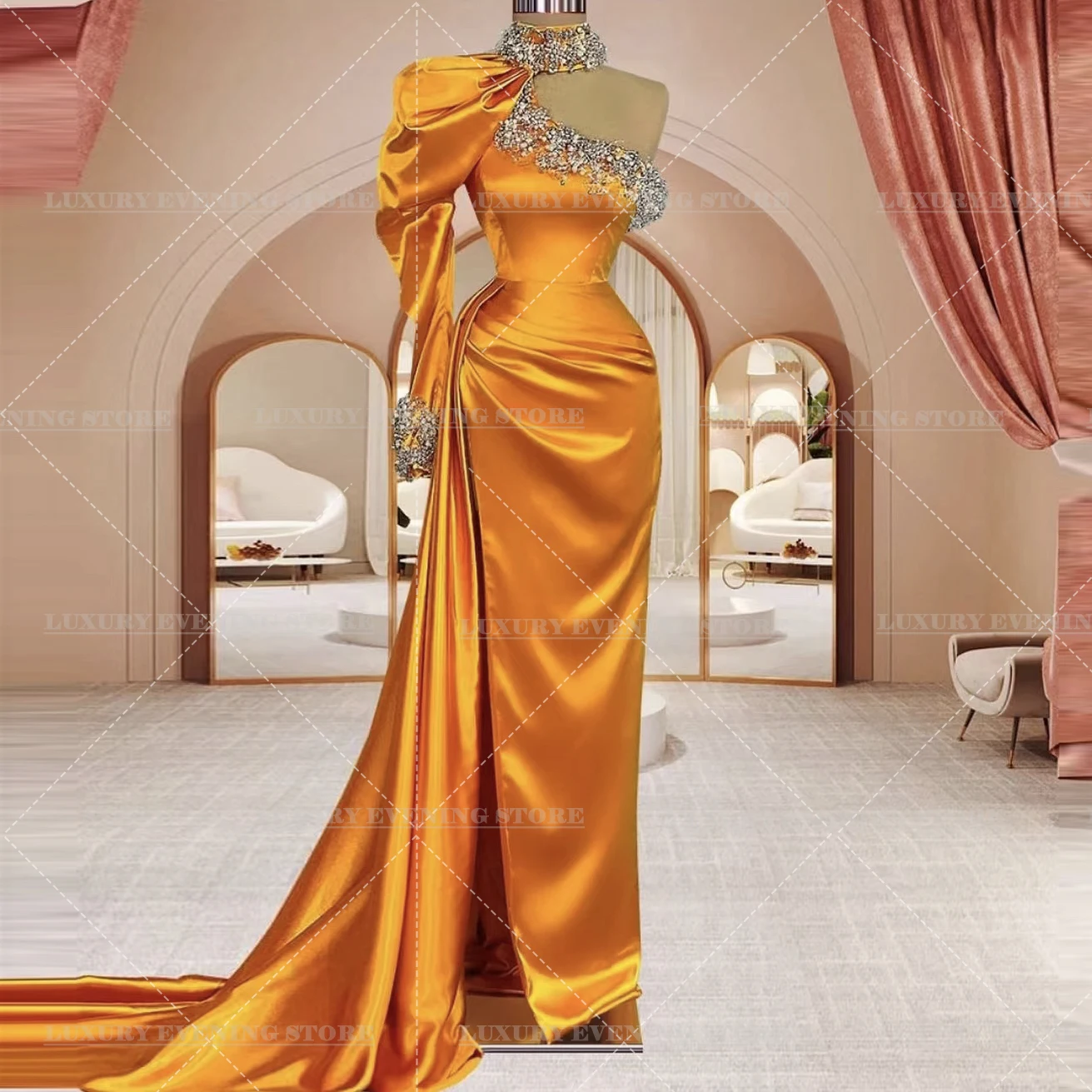 

Exquisite Mermaid Evening Dresses For Woman Sequined High Nick One Shoulder Elegant Formal Party Prom Gowns Vestidos De Fiesta