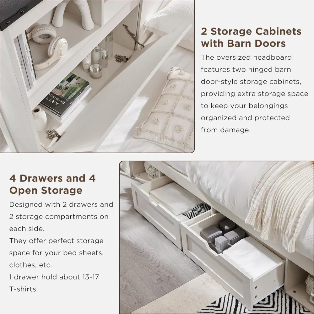 Noiseless Base Beds and Frames No Box Spring Needed- Luxury White Bedroom Furniture LED Light Bed Headboard Charging Station 6