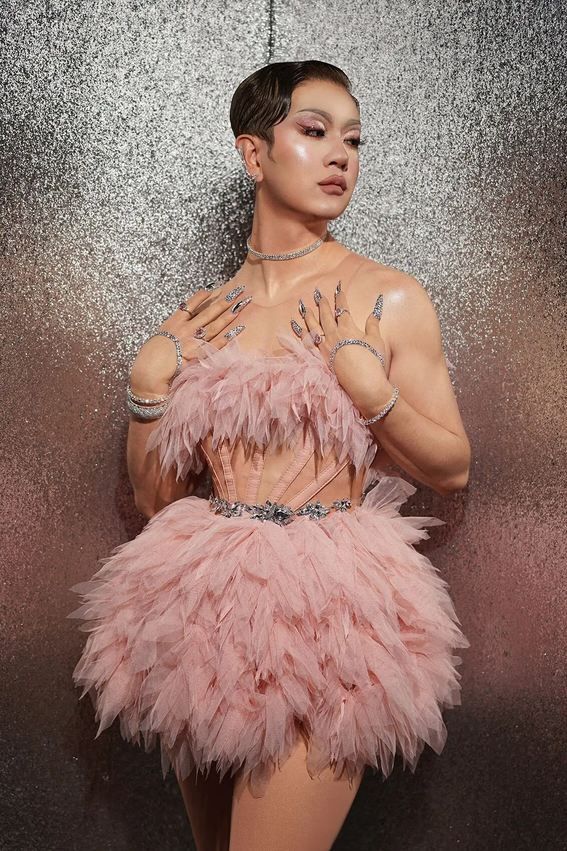 pink rave dress Sexy Pink Mesh Evening Dresses Drag Queen Dancer Stage Costume Rave  Clothing