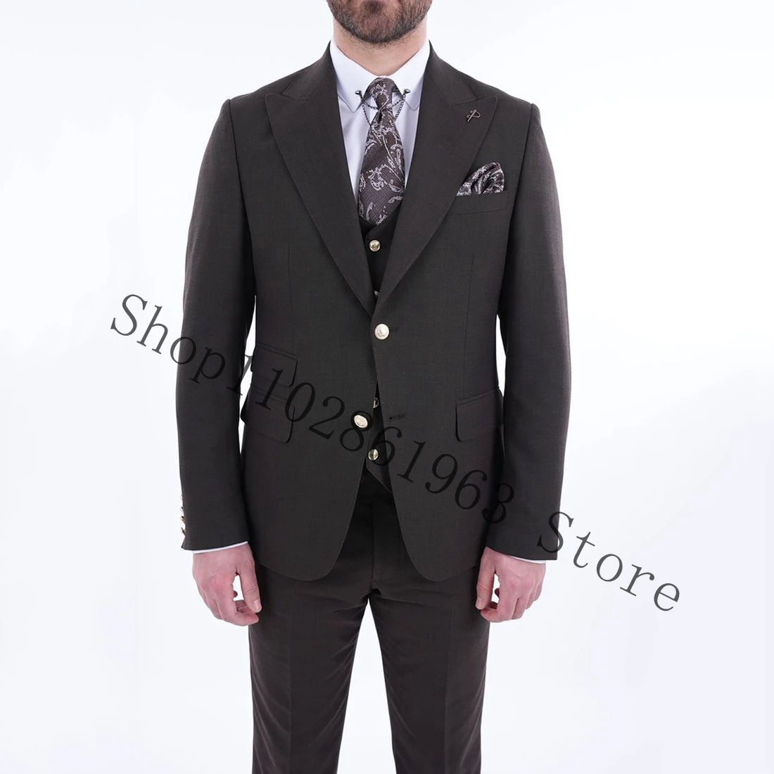 Black Formal Suits Men Peak Lapel Two Buttons 3 Pieces Suits Blazer+Vest+Pants Groom Wear Wedding Tuxedos Costume Homme Mariage