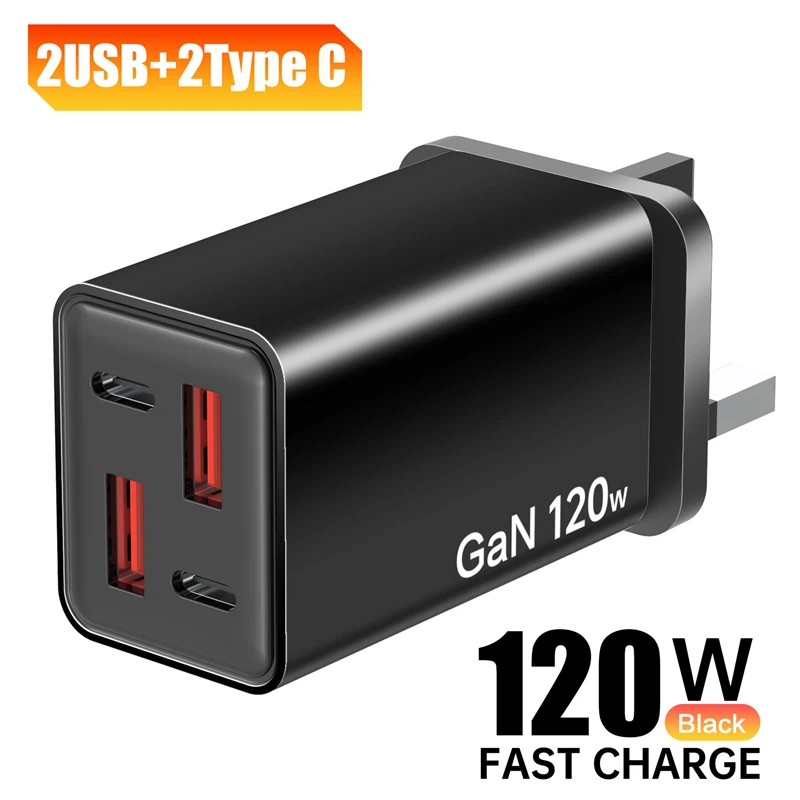 Powerful 120W Multi-Port USB & Type-C Charger with EU & UK Plug Adapters