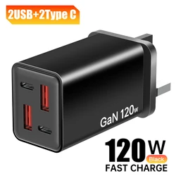Powerful 120W Multi - Port USB & Type - C Charger with EU & UK Plug Adapters - UK Black