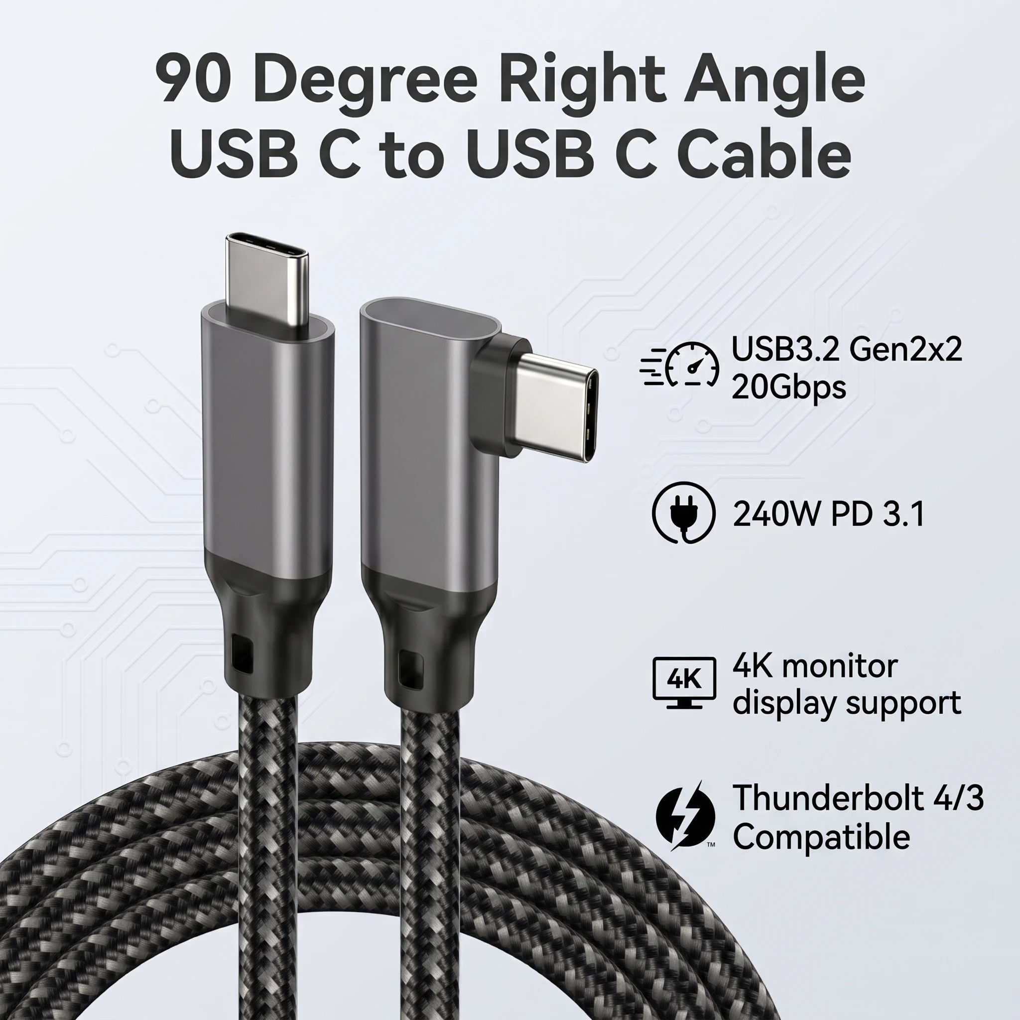 Ultra-Fast 20Gbps USB-C Cable with Right Angle Design for High-Resolution Displays and 240W Power Delivery