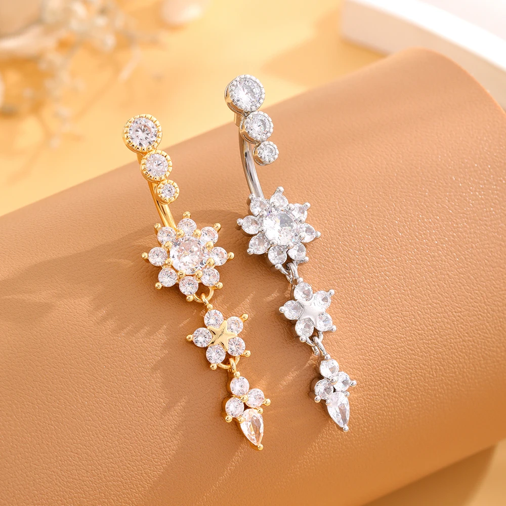 Gold Color Stainless Steel Belly Button Ring Long Dangled Flower CZ Crystal Navel Belly Piercing Rings Women Sexy Jewelry