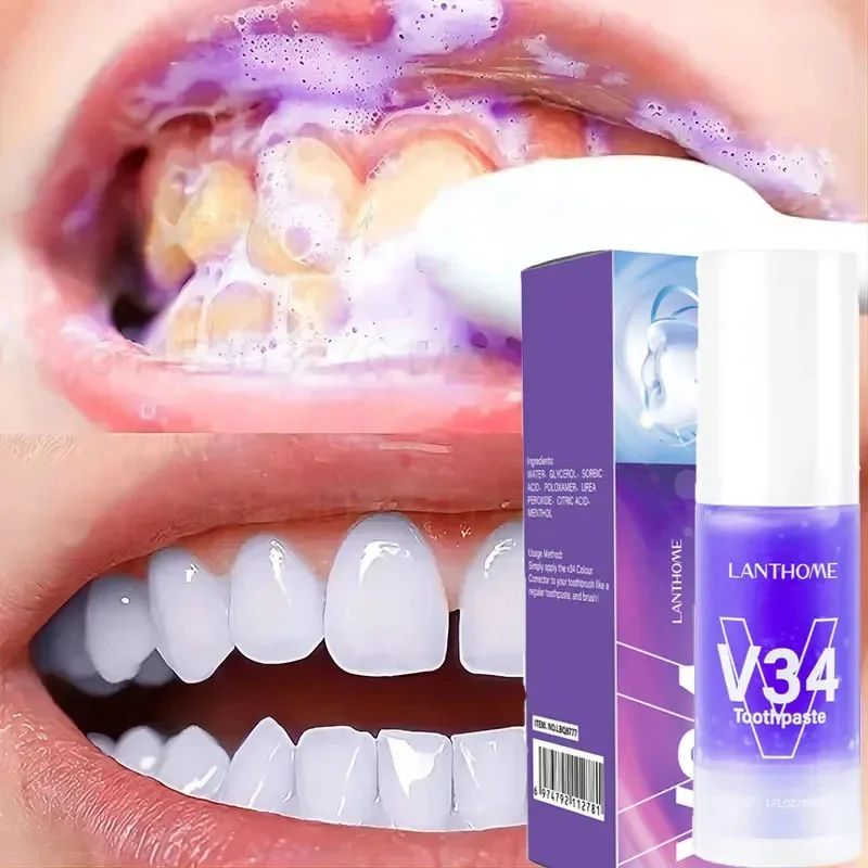 

V34 Purple Whitening Toothpaste Removal Tooth Stains Cleaning Oral Hygiene Bleaching Dental Tools Fresh Breath Tooth Care Serum