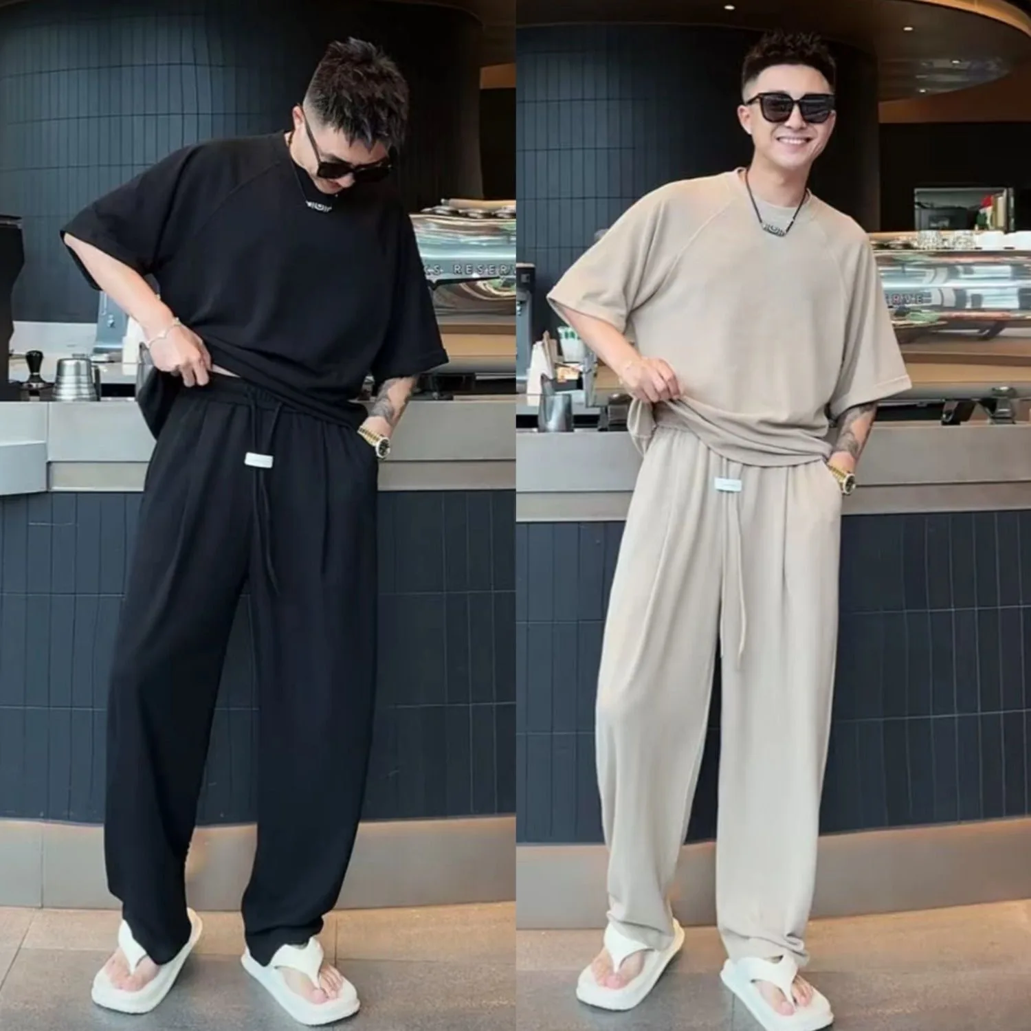 여름 신상 남성 캐주얼 스포츠웨어 세트 라운드넥 반팔 에어 레이어 긴바지 투피스 세트 통기성 좋은 드레이핑 느낌
