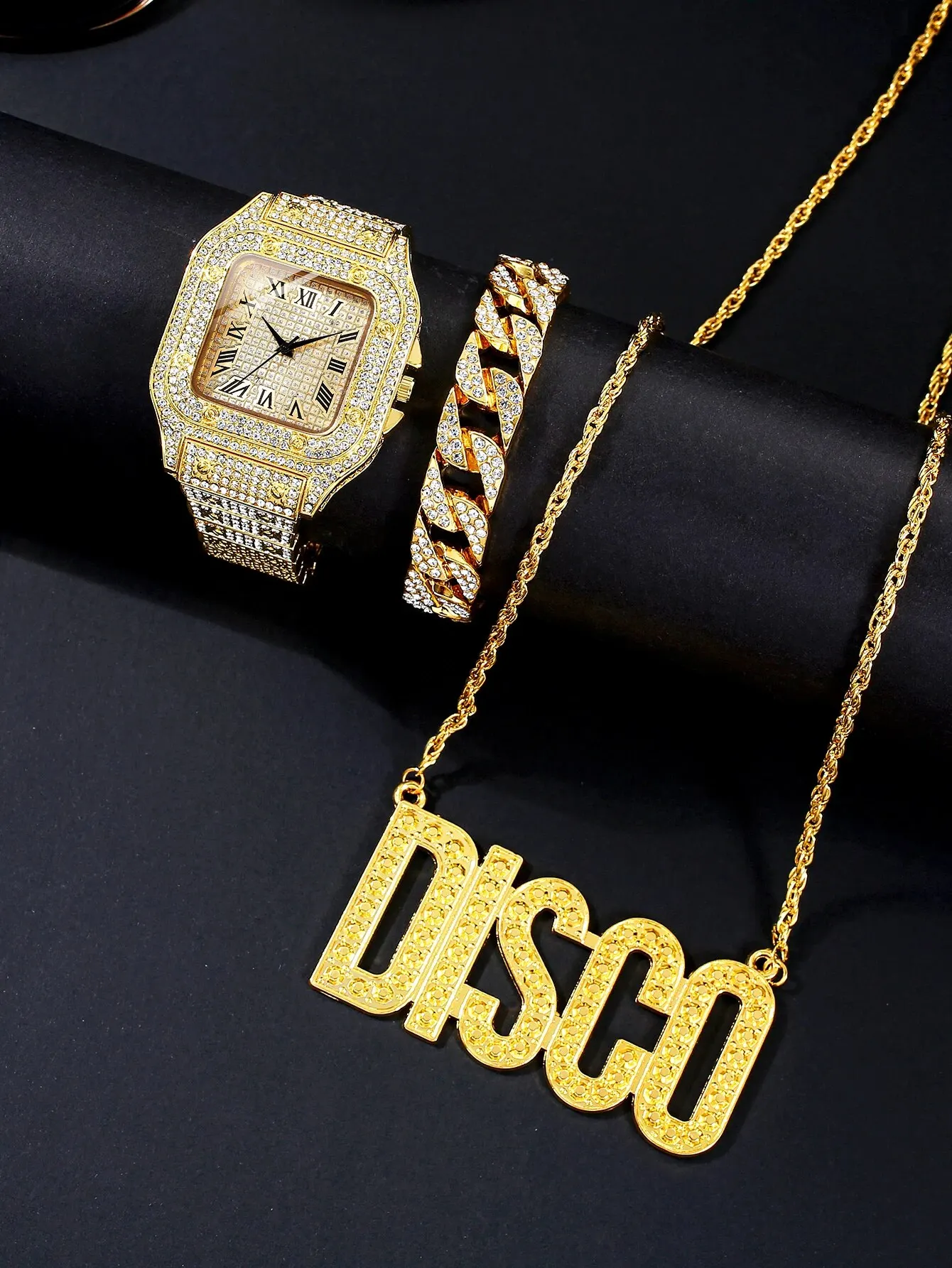 3Pcs Ladies Fashion Trend Atmospheric Gold Full Diamond Roman Steel Band Quartz Watch Hip Hop Rhinester Jewelry Set_voghion.com