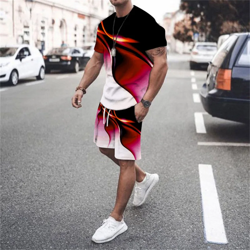 Men 2 Piece Summer Set Fashion Printed Sportwear Short Sleeve Shorts Jogging Suit Oversized Sport Suit Men Tracksuit Streetwear