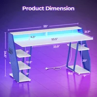 Gaming Table 55'' with LED Light and Storage Shelves, Computer Table with Monitor Stand, Power Outlets and Pegboard, White/Blue 2