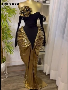 CM.YAYA Women Off Shoulder Long Sleeve Floral Gilding Patchwork Stacked Ruched Maxi Long Dress 2025 Birthday Sexy Party Dresses 1