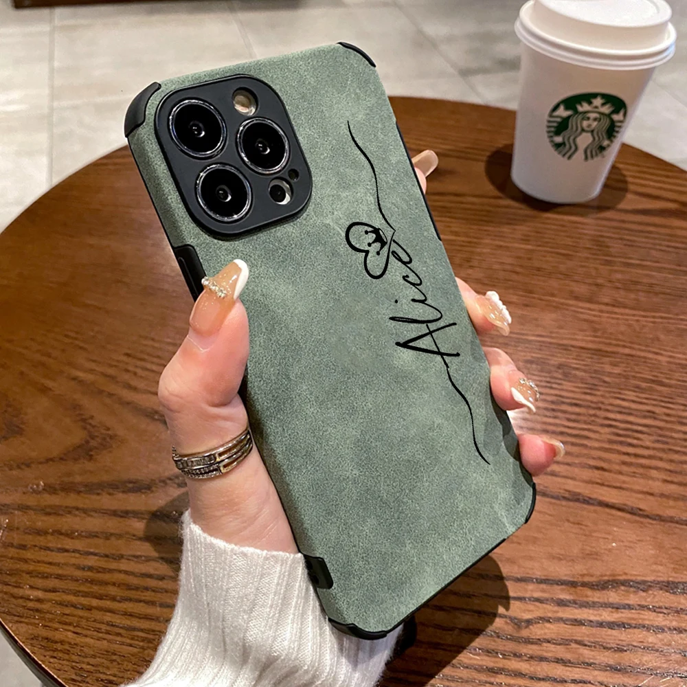 thumbnail image 1 of Personalised Custom Name Luxury Shockproof Matte Leather Phone Case for iPhone 14 13 12 11 Pro X XR XS Max 7 8 Plus Soft Cover, 1 of 5